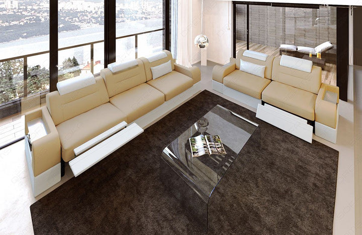 Mikrofaser Stoff Couchgarnitur Parma in beige - Mineva4 - Die LED Beleuchtung, USB Anschluss und Relaxfunktion sind optional erhÃ¤ltlich.