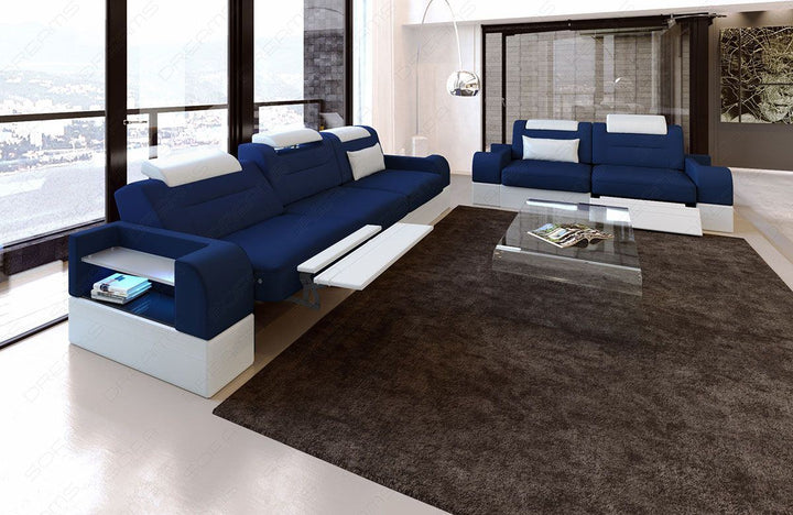 Stoff Couchgarnitur Mikrofaser Parma in dunkelblau - Mineva17 - Die LED Beleuchtung, USB Anschluss und Relaxfunktion sind optional erhÃ¤ltlich.