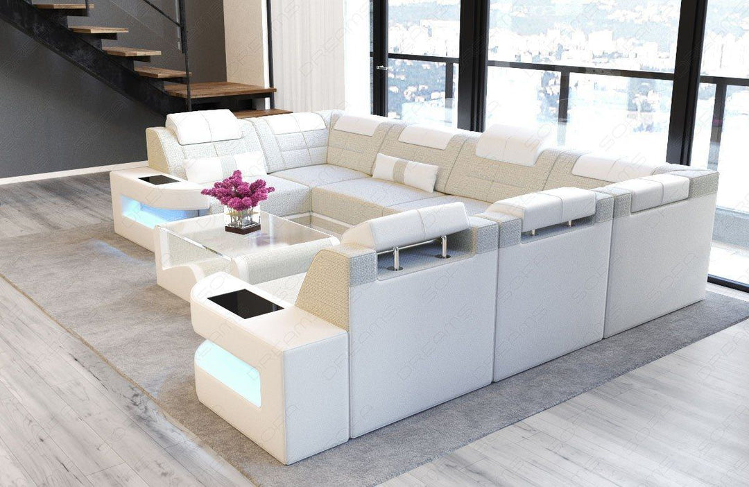 Wohnlandschaft Como U Form mit LED Beleuchtung - elfenbein - Hugo1 Strukturstoff
