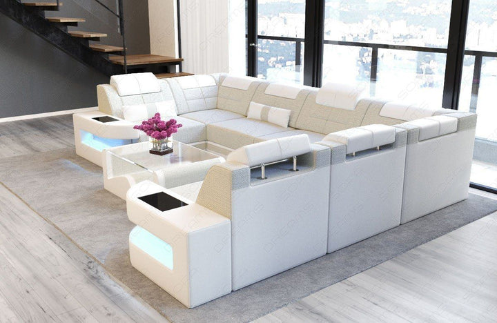 Wohnlandschaft Como U Form mit LED Beleuchtung - elfenbein - Hugo1 Strukturstoff