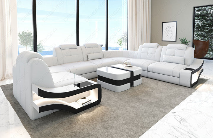 Moderne Ledersofa Wohnlandschaft Elena U Form in weiÃŸ-schwarz