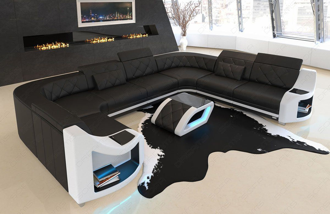 U Form Mini Ledersofa Genua mit USB und auch LED in schwarz - weiss