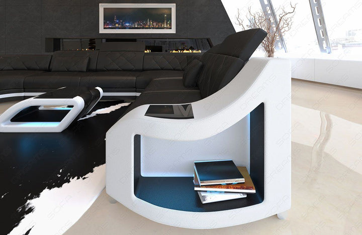 U Form Mini Ledersofa Genua mit USB und auch LED in schwarz - weiss