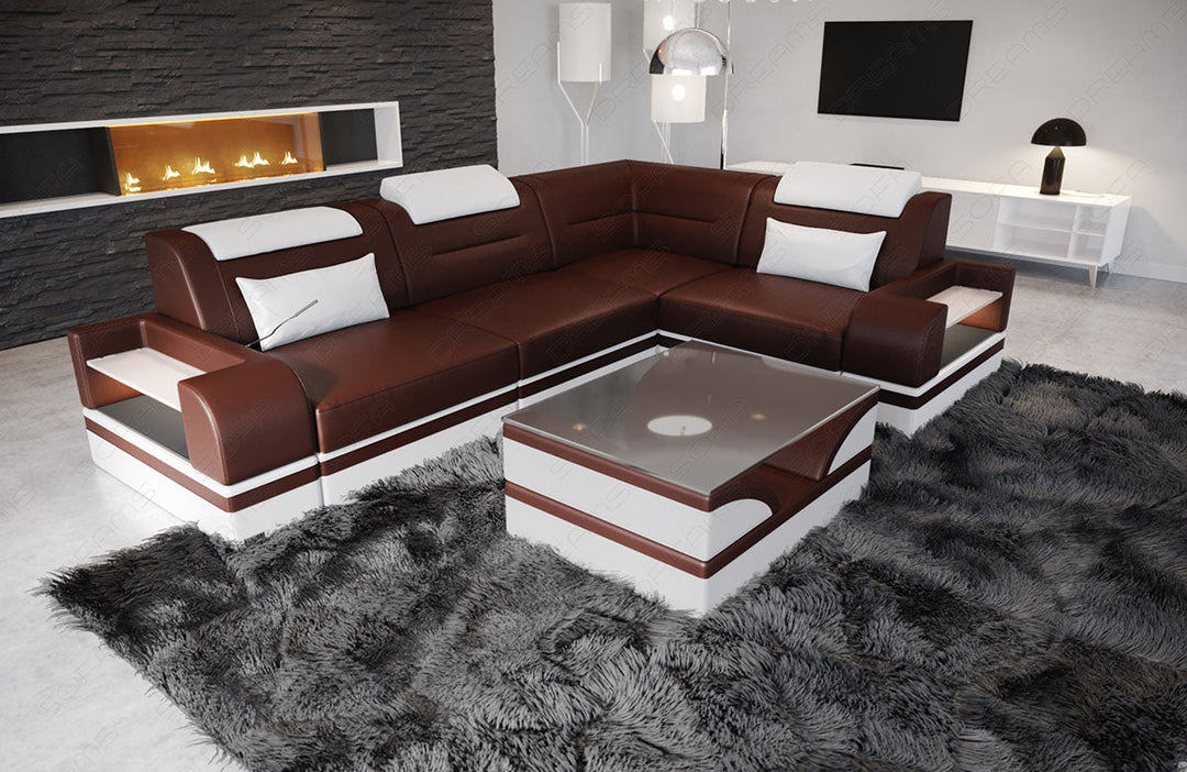 Design Leder Ecksofa Trivento L Form kurz in dunkelbraun-weiÃŸ