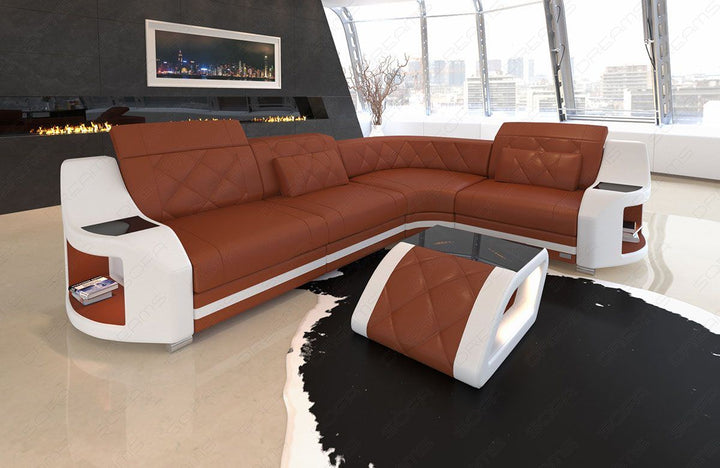 Mini Ledersofa Genua in der L Form braun - weiss