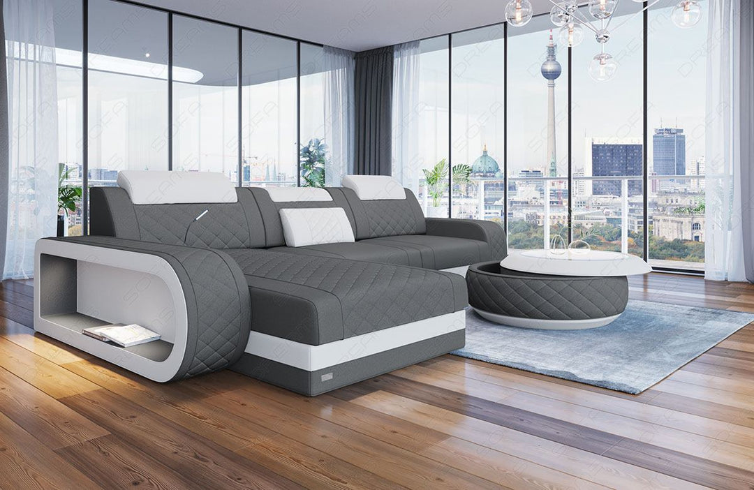 Sofa Berlin in Stoff als L Form Mini in grau - Mineva 15 Mikrofaser Stoff
