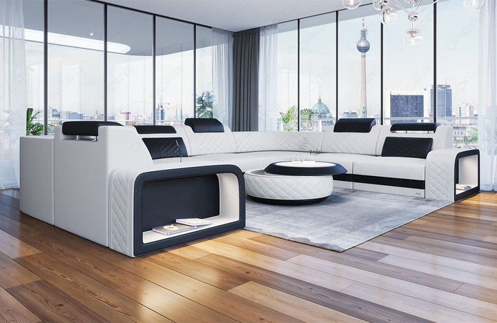 Mini U Form Ledersofa Foggia mit LED in weiss - schwarz