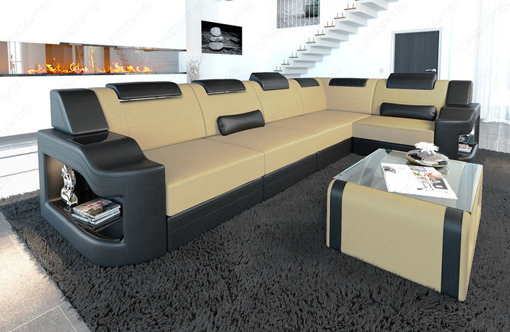 Polster Eckcouch Padua L mit LED in Mikrofaserstoff Mineva4 - beige