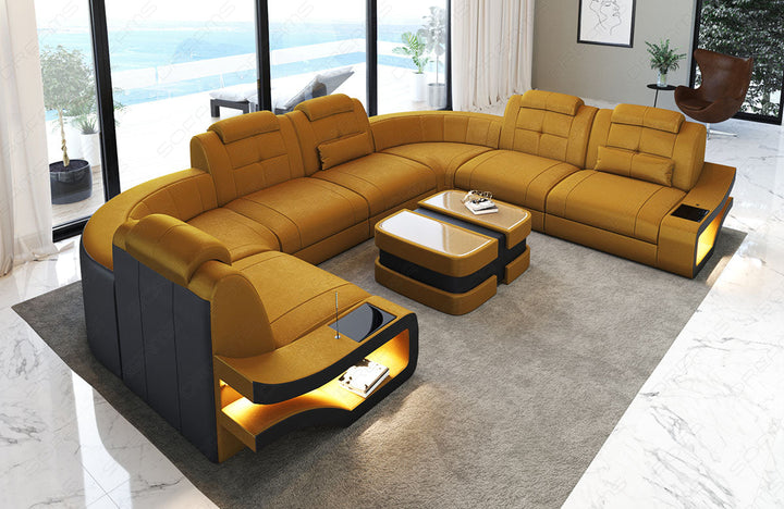 Moderne Wohnlandschaft Elena U Form in Ochre4a - Altara Stoff - Nebenfarbe schwarz - Bitte beachten: Die RÃ¼ckwand ist in den Farben der Hauptfarbe!