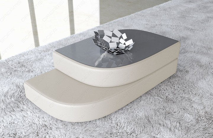 Leder Couchtisch Bari in beige mit Sicherheitsglasplatte