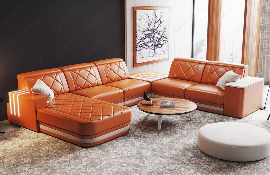 Luxus Leder Wohnlandschaft Cesena XXL in orange-weiÃŸ mit LED Beleuchtung