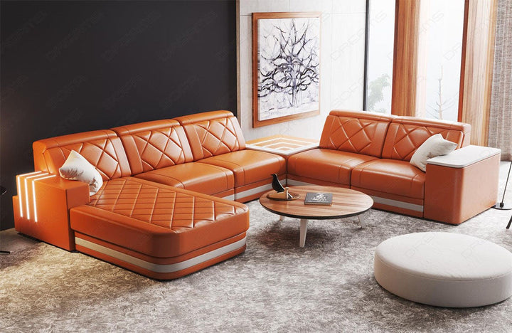 Luxus Leder Wohnlandschaft Cesena XXL in orange-weiÃŸ mit LED Beleuchtung