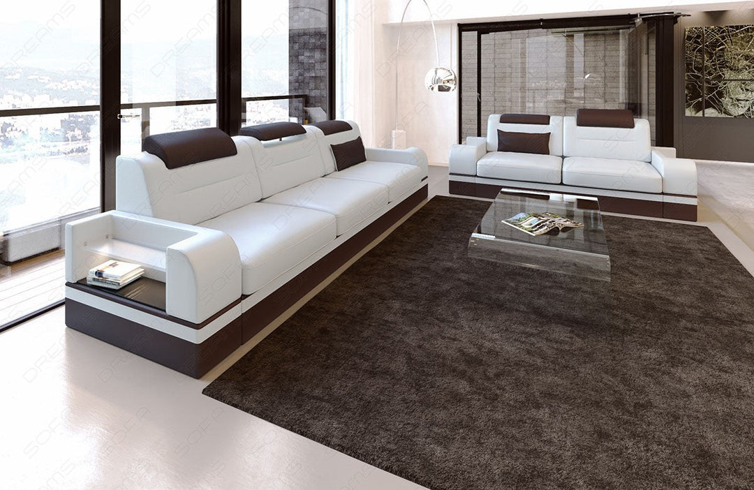 Ledersofa Garnitur Parma 3er und 2er in weiÃŸ-dunkelbraun - Die LED Beleuchtung, USB Anschluss und Relaxfunktion sind optional erhÃ¤ltlich.