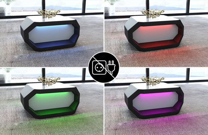 Beispielbild der optional wÃ¤hlbaren LED Beleuchtung mit verschiedenen Farben beim Designer Couchtisch Asti