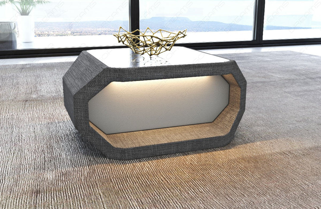 Designer Couchtisch Asti Stoff in grau - Hugo5 - optional mit LED Beleuchtung erhÃ¤ltlich.