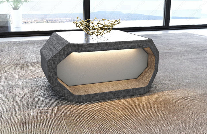 Designer Couchtisch Asti Stoff in grau - Hugo5 - optional mit LED Beleuchtung erhÃ¤ltlich.