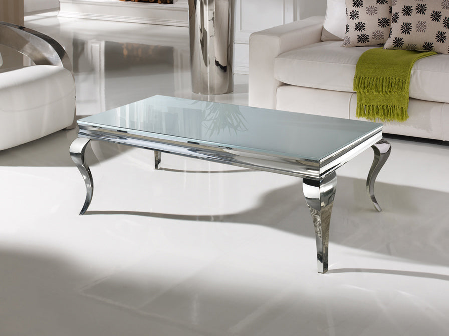 Moderner Design Couchtisch Barroque aus Edelstahl mit Milchglas Tischplatte