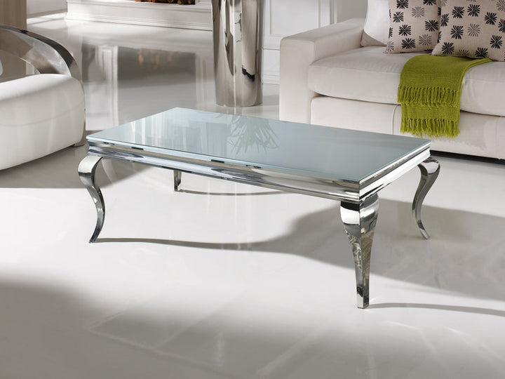 Moderner Design Couchtisch Barroque aus Edelstahl mit Milchglas Tischplatte