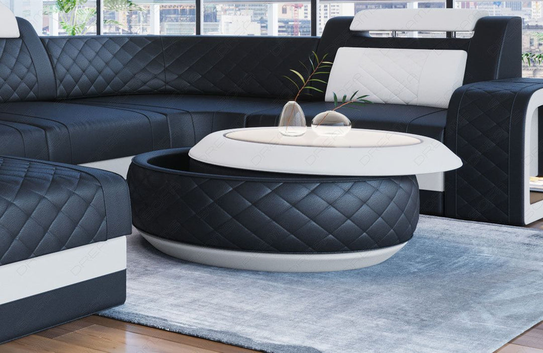 Design Couchtisch Berlin in Leder mit Stauraum in schwarz - weiss