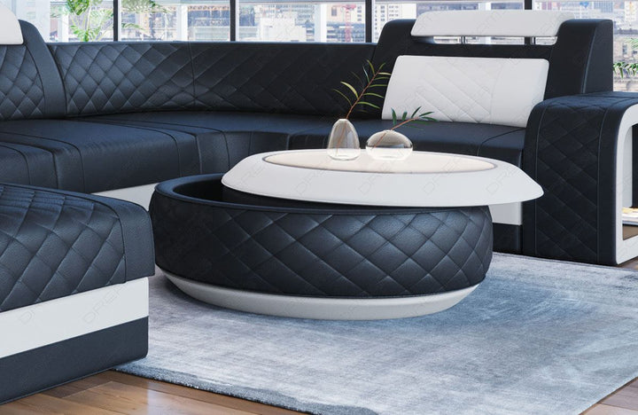 Design Couchtisch Berlin in Leder mit Stauraum in schwarz - weiss