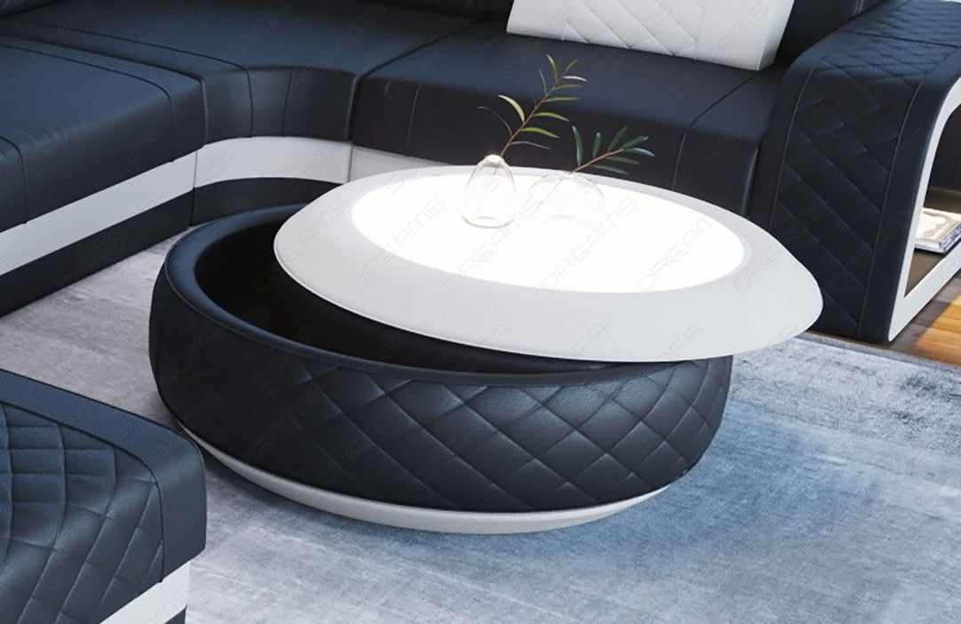 Design Couchtisch Berlin in Leder mit Stauraum in schwarz - weiss