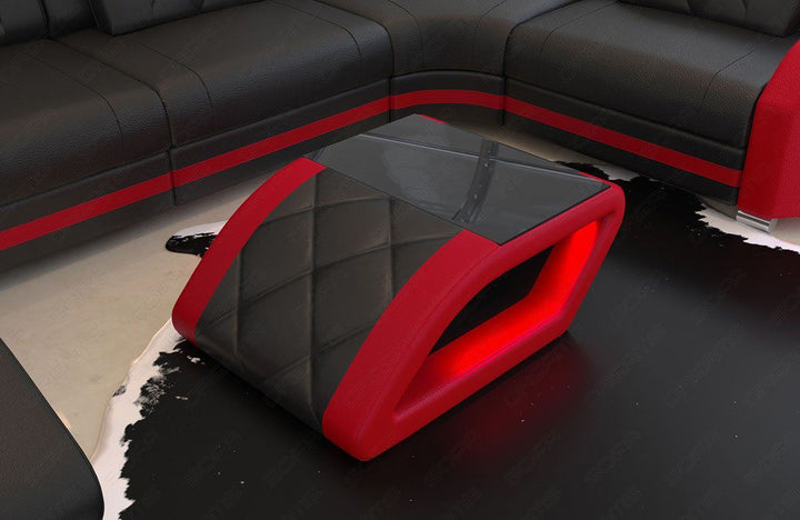 Leder Couchtisch Swing mit LED Beleuchtung , schwarz - rot