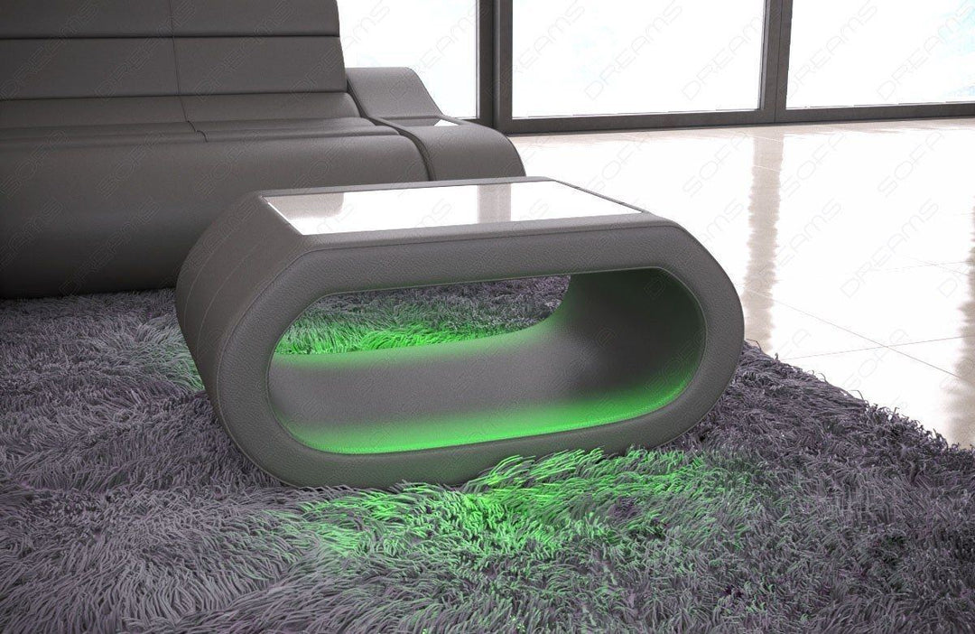 Designer Couchtisch Concept Leder in grau mit LED Beleuchtung(optional)