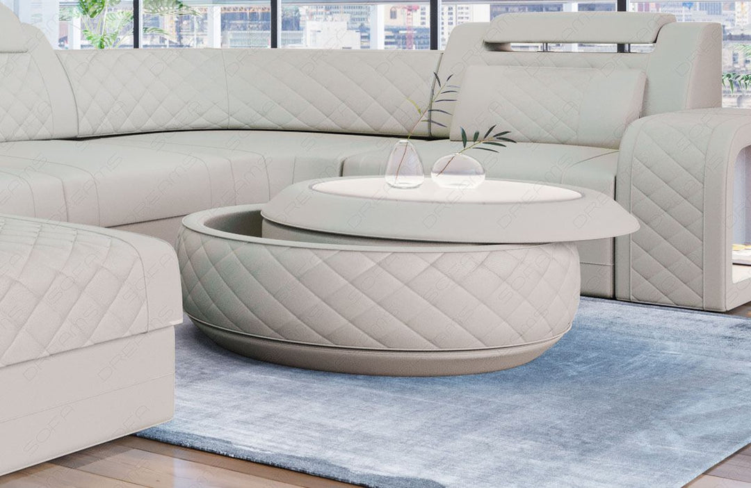 Design Couchtisch Berlin in Leder mit Stauraum in beige