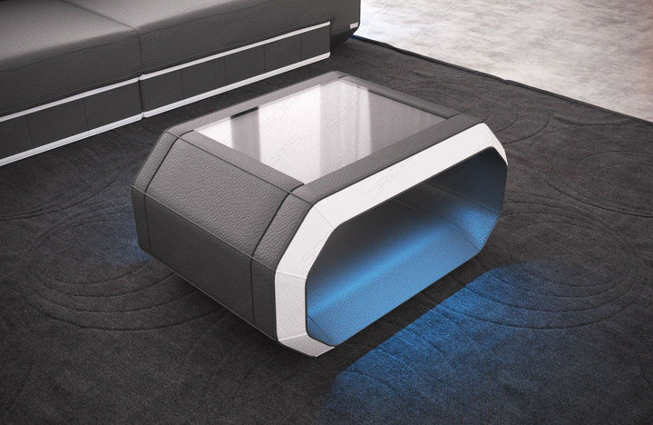Couchtisch Leder Roma LED Beleuchtung - grau-weiss