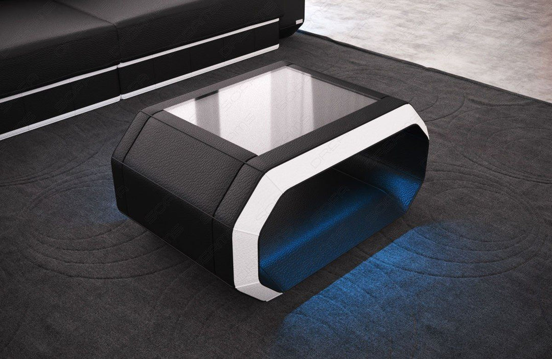 Wohnzimmertisch Leder Roma LED Beleuchtung - schwarz-weiss