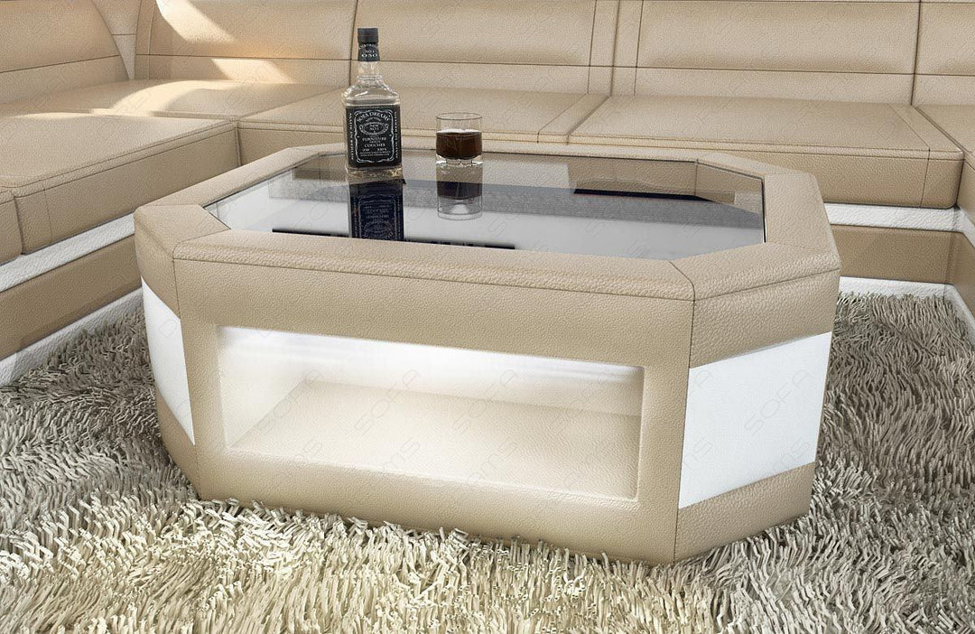 Echtleder Couchtisch Prato mit LED - sandbeige -  weiss