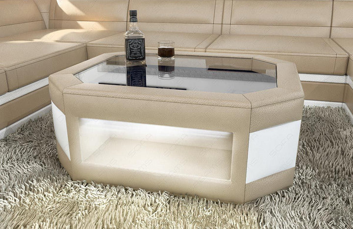 Echtleder Couchtisch Prato mit LED - sandbeige -  weiss