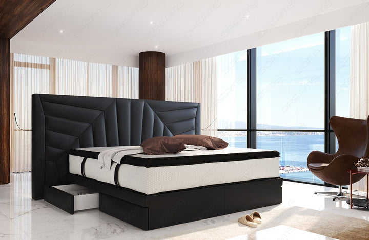 Modernes Leder Boxspringbett Monaco in schwarz