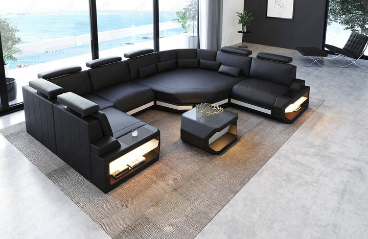 Moderne Leder Wohnlandschaft Asti Mini U Form in schwarz-weiss