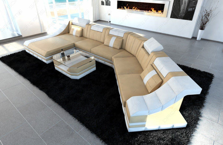 Designer-Wohnlandschaft mit LED Beleuchtung in sandbeige-weiss