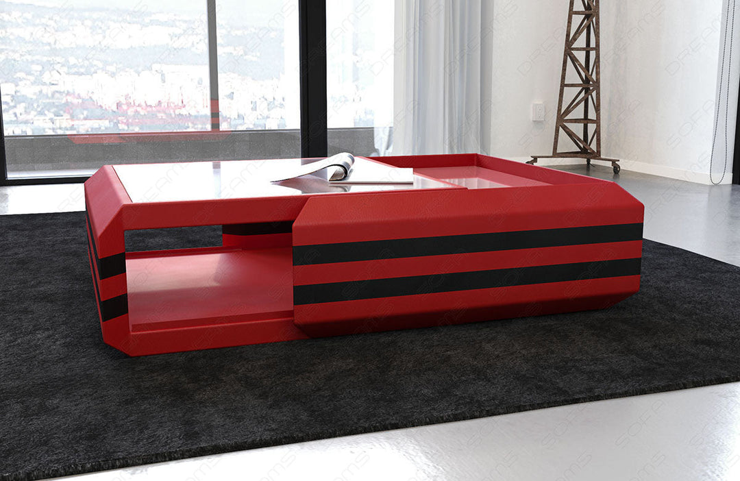 Leder Wohnzimmertisch Ravenna ausziehbar in rot-schwarz. Optional mit LED Beleuchtung erhÃ¤ltlich.
