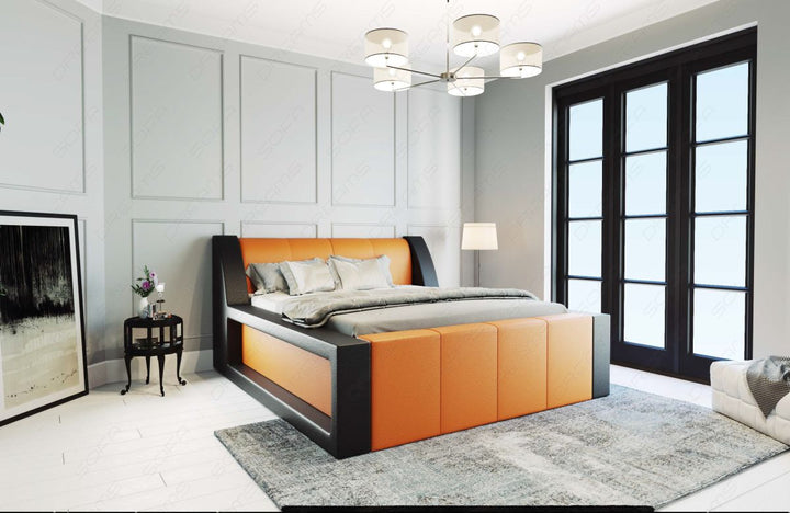 Modernes Komplettbett Fermo mit LED in Kunstleder orange-schwarz