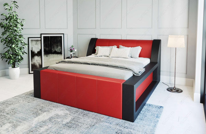 Modernes Komplettbett Fermo mit LED in Kunstleder rot-schwarz