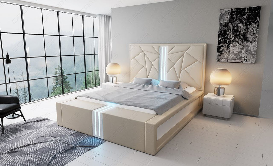 Leder Komplettbett Imperia in sandbeige mit weissem Seitenkasten