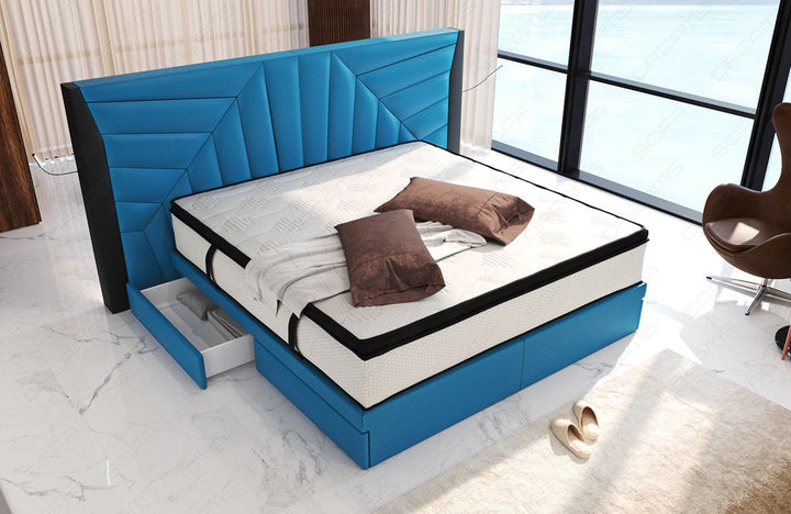 Design Boxspringbett Monaco mit LED Beleuchtung in blau-schwarz