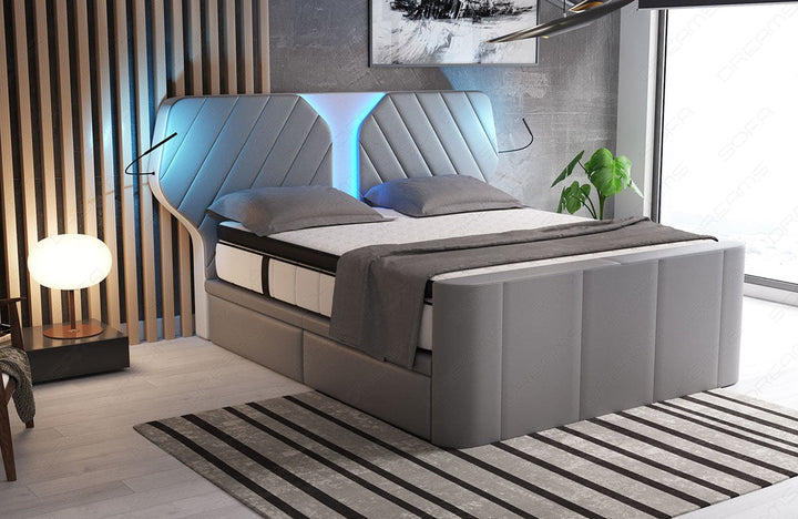 Designer Leder Boxspringbett Nizza in grau-weiÃŸ. LiegemaÃŸ frei wÃ¤hlbar von 140x200cm bis 200x220cm