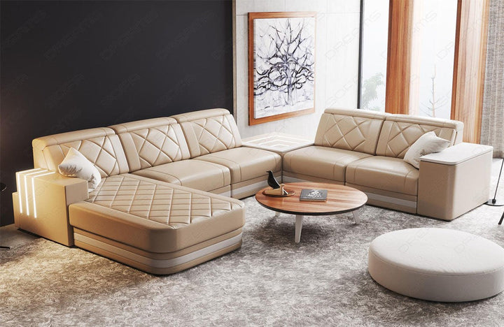 Luxus Leder Wohnlandschaft Cesena XXL in sandbeige-weiÃŸ mit LED Beleuchtung.