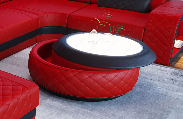 Design Couchtisch Berlin in Leder mit Stauraum in rot - schwarz