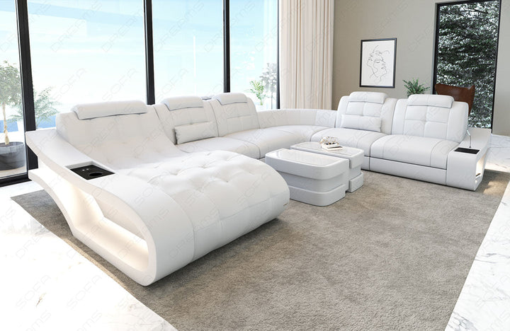 Moderne Leder Wohnlandschaft Elegante XXL mit LED in komplett weiss