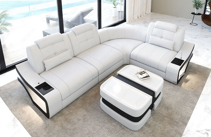 Ledersofa Elena Mini L Form in weiÃŸ-schwarz