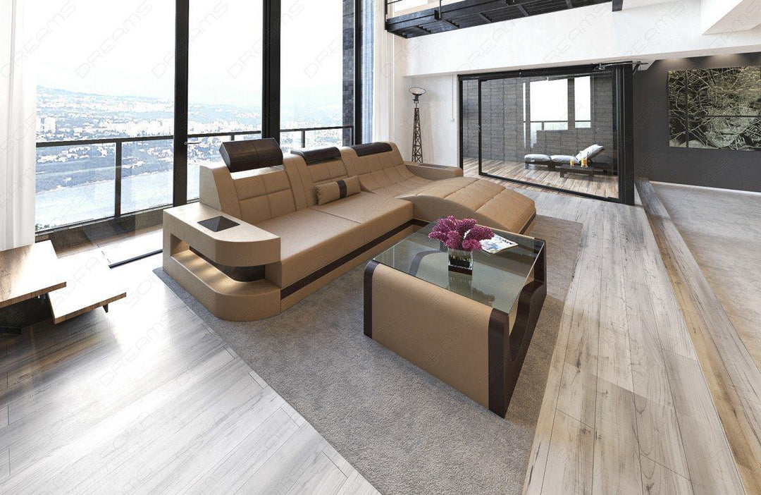 Ledersofa Wave mit LED Beleuchtung in sandbeige-dunkelbraun