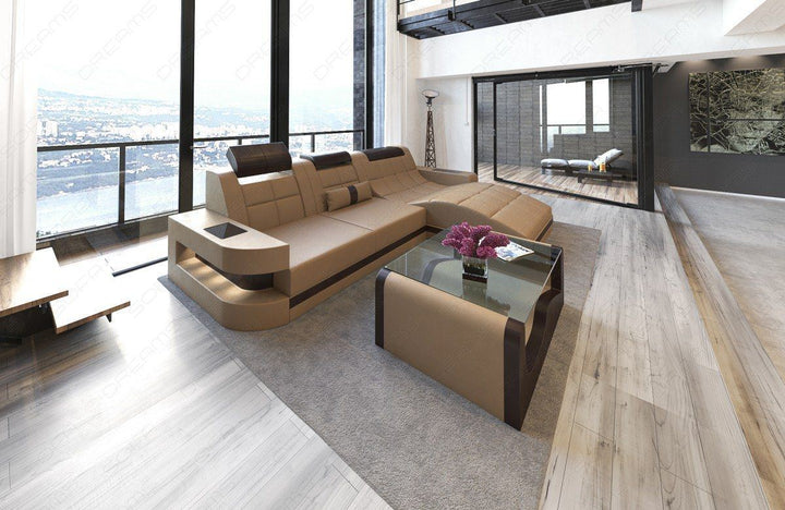 Ledersofa Wave mit LED Beleuchtung in sandbeige-dunkelbraun