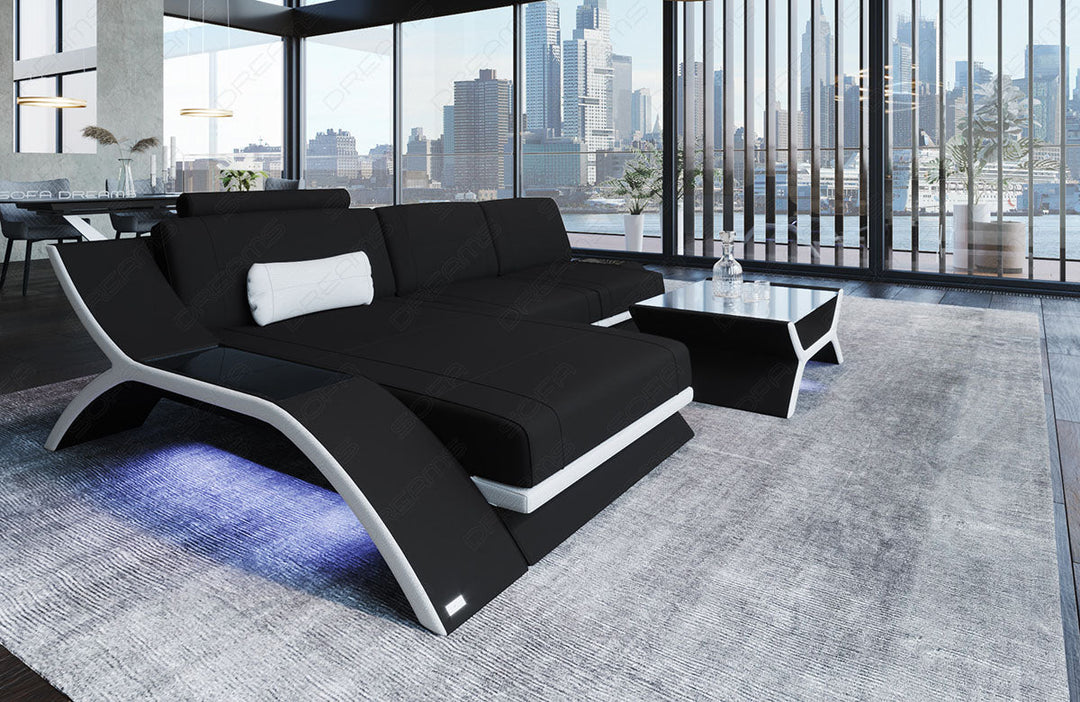 Designersofa Calabria L Form Mikrofaser Stoff in schwarz - Mineva14