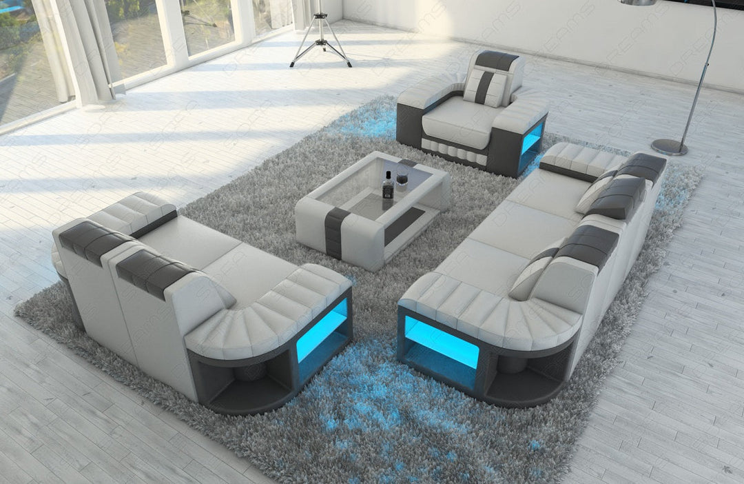 Leder Sofagarnitur Bellagio 3-2-1 LED Beleuchtung in weiss-grau