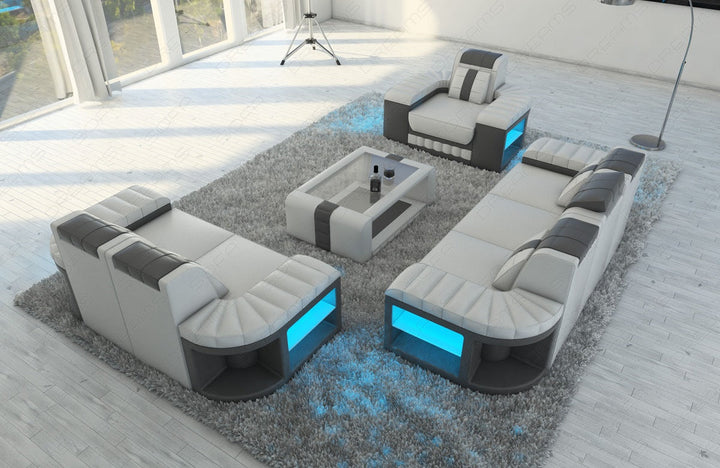 Leder Sofagarnitur Bellagio 3-2-1 LED Beleuchtung in weiss-grau